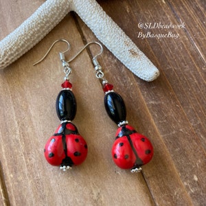 Ceramic ladybug earrings red lampwork glass earrings ceramic Swarovski crystal earrings dangle drop boho black silver animals jewelry women