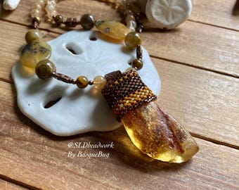 Genuine Amber necklace wrap pendant pietersite yellow opal raw stones rough boho stone copper tribal style native beaded jewelry for women