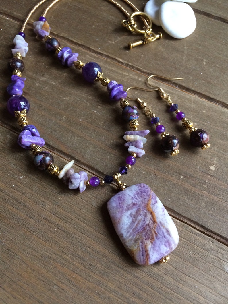 Stone jewelry set necklace earrings purple lepidolite lavender set amethyst crystal handmade beaded boho gift unique jewelry for women SLD