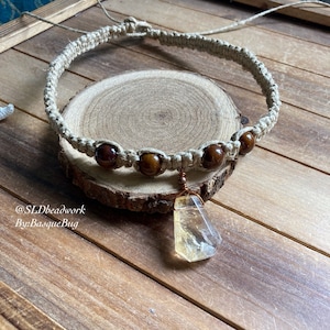 Citrine necklace hemp woven choker boho hippie necklace tribal stone festival gemstone yellow gift unique handmade jewelry for men women