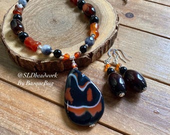 Fire carnelian necklace sets black pendant stone earrings burnt orange set boho tribal handmade silver gift stones unique jewelry for women