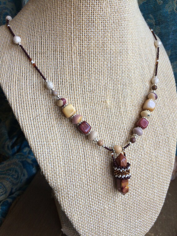 Beaded Necklace Stone Wrap Boho Red Australian Mookaite Peyote
