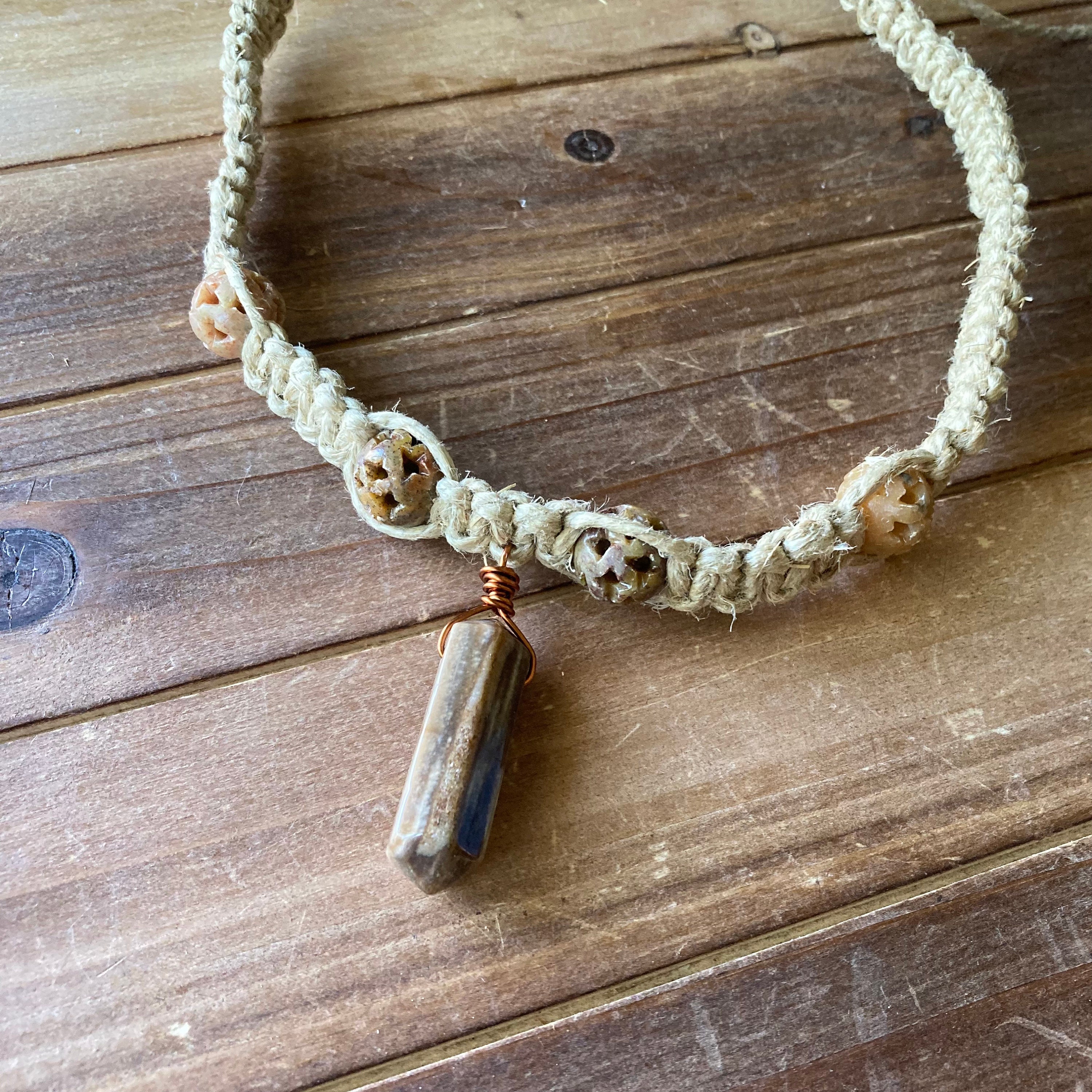 Hemp Necklace Petrified Wood Brown Stone Necklace Choker Boho