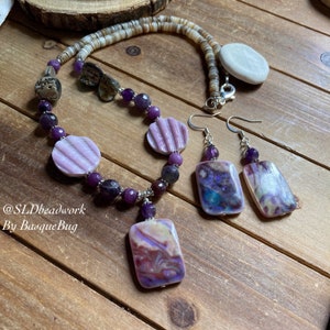 Purple shell necklace set pendant coral set beach puka shells abalone handmade earrings set boho silver surf gift amethyst jewelry for women
