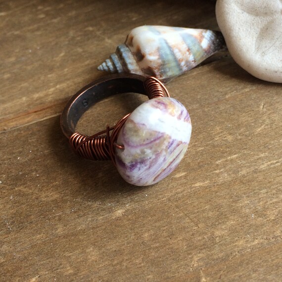 Copper hammered ring size 6 handmade Purple lepidolite ring natural stone ring antique copper ring wire unique jewelry for women men SLD
