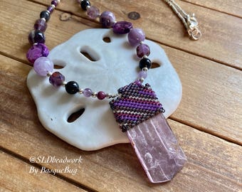 Purple mica necklace peyote beaded pendant amethyst gemstone crazy lace agate crystal native style tribal boho hippie unique jewelry women