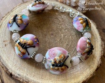 Butterfly bracelet pink lamp work rose quartz jewelry handmade glass bracelet boho animal nature bracelet silver artisan jewelry for women
