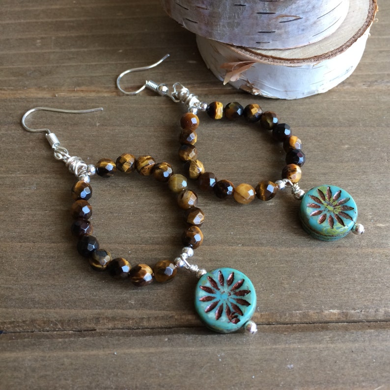 Tiger eye earrings stone dangle earrings boho blue brown earrings wire wrap star handmade silver earring unique jewelry earrings for women