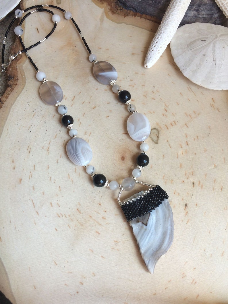 Peyote beaded necklace gray lace agate druzy Necklace black boho necklace hippie crystal necklace stone 18 inch SLD unique jewelry women men