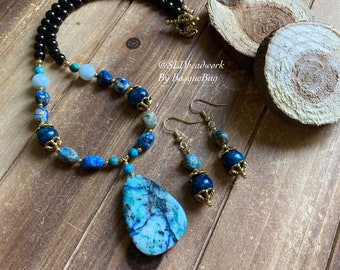 Bohemian necklace set Chrysocolla pendant beaded earrings set gold black blue natural gemstone handmade unique gift hippie jewelry for women