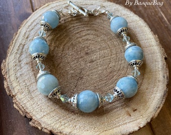 Gemstone bracelet Aquamarine blue bracelet stone handmade bracelet hippie boho bracelet birthstone mom gift silver crystal jewelry for women