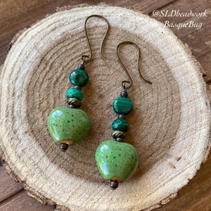 Heart earrings Malachite gemstone green earrings ceramic dangle boho earrings handmade antique bronze hippie gift unique jewelry for women