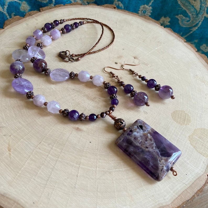 Amethyst Necklace Purple Chevron Set Earrings Stone Copper | Etsy