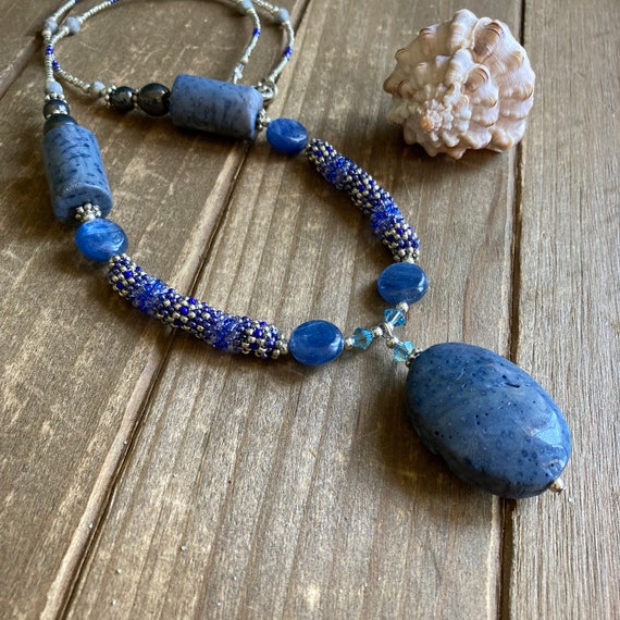 Blue Coral Necklace Pendant Kyanite Necklace Crystal Peyote | Etsy