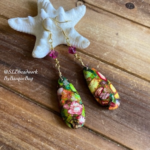 Boho earrings green gold pink composite stone boho earrings hippie handmade jewelry impression jasper dangle unique jewelry earrings women