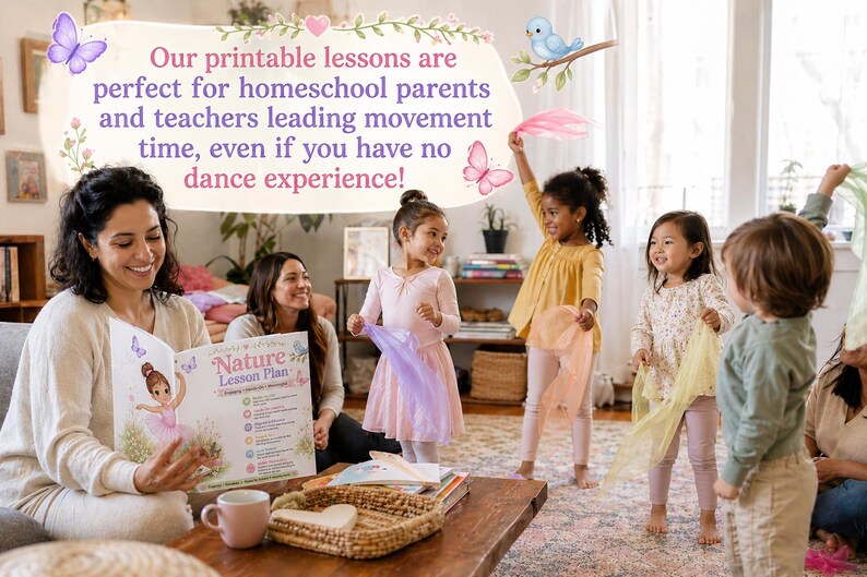 May include: A group of children and adults are in a room. One woman is holding a book titled "Nature Lesson Plan." The text in the image says, "Our printable lessons are perfect for homeschool parents and teachers leading movement time, even if you have no dance experience!"