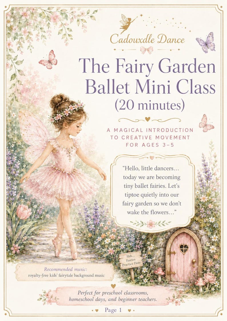 Op de afbeelding: Een flyer getiteld Cadouxdle Dance The Fairy Garden Ballet Mini Class (20 minutes) met een illustratie van een kind verkleed als fee in een roze tutu en vleugels, staand op een stenen pad bij een kleine roze deur en tuinbloemen.