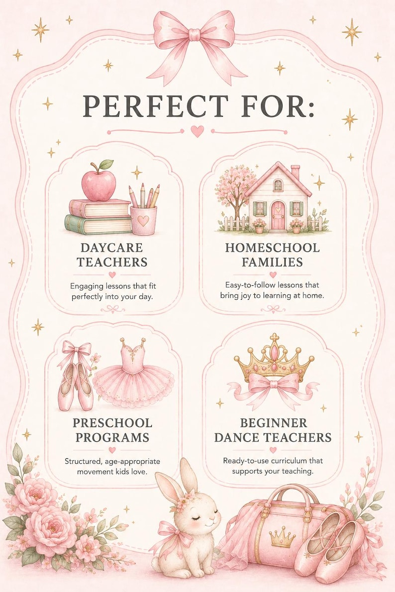 May include: A pastel pink illustration with the text "PERFECT FOR:" and images for daycare teachers, homeschool families, preschool programs, and beginner dance teachers. The image includes a bunny, ballet shoes, and a crown.