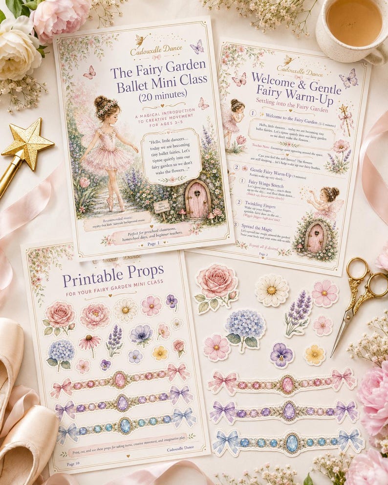 Op de afbeelding: Drie bedrukte vellen met The Fairy Garden Ballet Mini Class, Welcome & Gentle Fairy Warm-Up en Printable Props. De pagina's bevatten illustraties van een dansende fee, bloemen en edelstenen, vergezeld door een gouden schaar en een sterrenstaf.