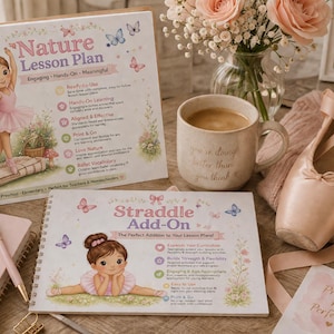 May include: A spiral-bound "Nature Lesson Plan" book and "Straddle Add-On" book with illustrations of a ballerina. A coffee mug with text, ballet shoes, and a pen are also visible. The theme is ballet and nature.