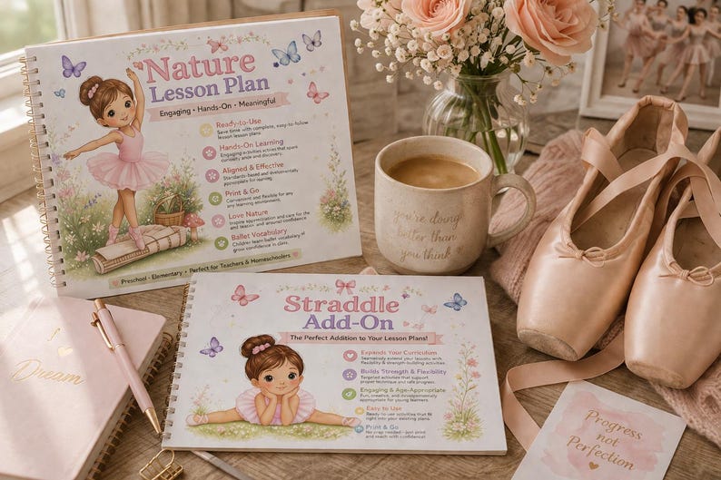 May include: A spiral-bound "Nature Lesson Plan" book and "Straddle Add-On" book with illustrations of a ballerina. A coffee mug with text, ballet shoes, and a pen are also visible. The theme is ballet and nature.