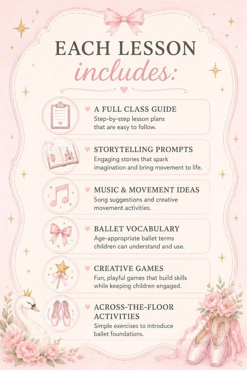 May include: A pink and white illustrated poster with the text "EACH LESSON includes:" and bullet points detailing lesson components like a full class guide, storytelling prompts, music ideas, ballet vocabulary, creative games, and across-the-floor activities.