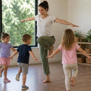 May include: A woman and several children are balancing on one leg with arms outstretched. The woman wears a white t-shirt and green pants. The children wear colorful t-shirts and shorts. The scene takes place in a bright room with a large window.