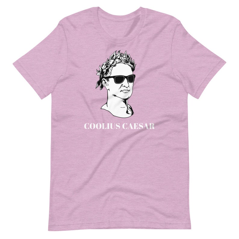 May include: A pink t-shirt featuring a black and white illustration of a bust of a man wearing sunglasses and a laurel wreath. The text "COOLIUS CAESAR" is printed below the illustration.