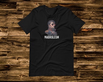 May include: Black t-shirt with a graphic of Napoleon Bonaparte wearing sunglasses and the text "NABROLEON" printed in white.