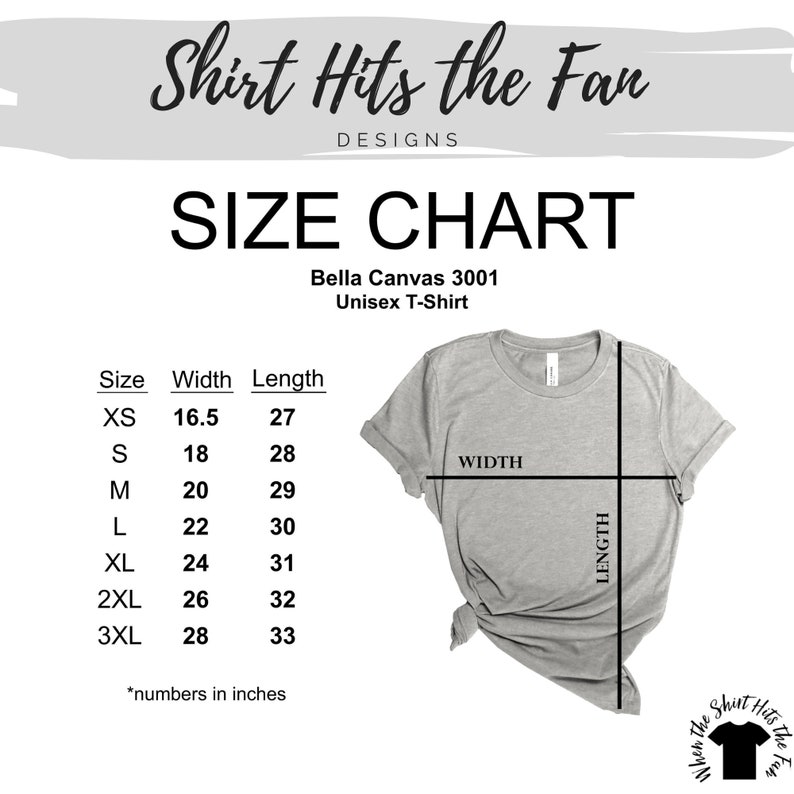 May include: Size chart for a Bella Canvas 3001 unisex t-shirt, showing measurements in inches for width and length. The chart includes sizes XS through 3XL.