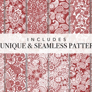 Puede incluir: Doce patrones &uacute;nicos y sin costuras que presentan intrincados dise&ntilde;os de paisley y flores blancas sobre un fondo burdeos. Incluye