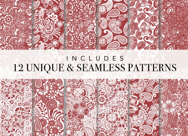 Puede incluir: Doce patrones &uacute;nicos y sin costuras que presentan intrincados dise&ntilde;os de paisley y flores blancas sobre un fondo burdeos. Incluye