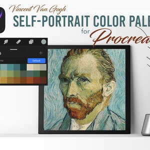 May include: A digital color palette for Procreate featuring colors inspired by Vincent van Gogh's self-portrait. The palette includes shades of blue, yellow, green, brown, and orange.