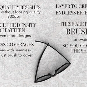 Puede incluir: Un primer plano de un par de gafas negras sobre un fondo blanco con un patr&oacute;n floral. El texto dice "High Quality Brushes, enlarge without loosing quality 300dpi, Change the Density of Pattern for even more designs, Seamless Coverages cover areas with seamless pattern - just brush to cover, Layer to Create Endless Effects, These are Pattern Brushes (not swatches) So You Control The Shape."