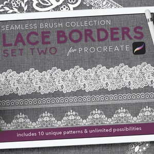 May include: A white tablet screen displaying a digital product for Procreate called "Lace Borders Set Two". The product features 10 unique seamless lace border patterns for use in digital art and design.
