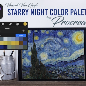May include: A framed print of Van Gogh's "Starry Night" painting, with a digital color palette for Procreate. The palette features shades of blue, yellow, and brown. The image also includes a Procreate app icon and text that reads "Vincent Van Gogh Starry Night Color Palette for Procreate."