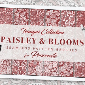 May include: A digital tablet displaying a set of 10 paisley and floral pattern brushes for Procreate. The brushes are in a red and white color scheme and are labeled "Tenugui Collection PAISLEY & BLOOMS Seamless Pattern Brushes for Procreate".