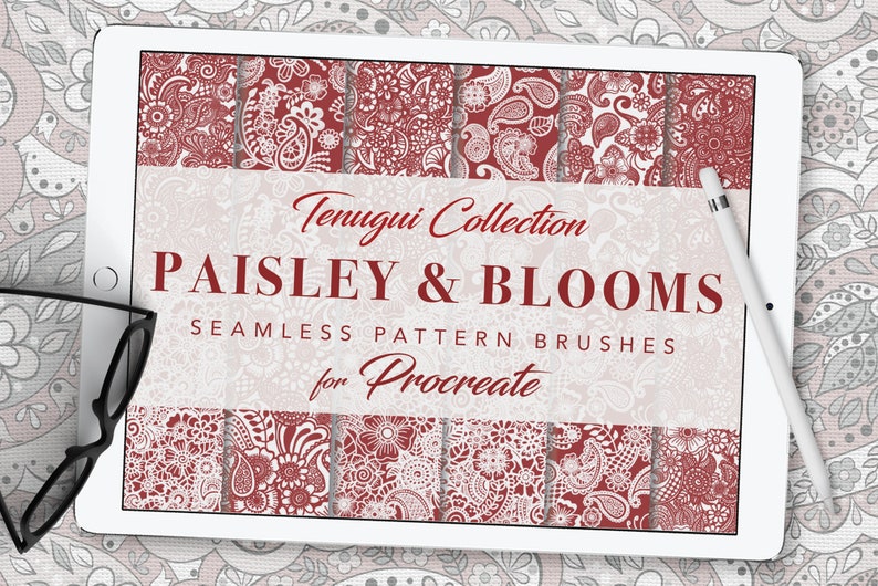 Puede incluir: Una tableta digital que muestra un conjunto de 10 pinceles de patrones de paisley y flores para Procreate. Los pinceles est&aacute;n en un esquema de color rojo y blanco y est&aacute;n etiquetados como "Tenugui Collection PAISLEY & BLOOMS Seamless Pattern Brushes for Procreate".