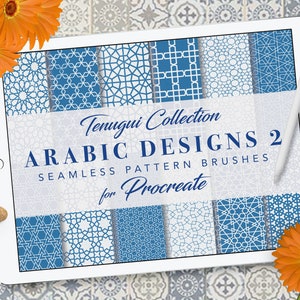 May include: A digital tablet displaying a set of 12 blue and white Arabic design patterns. The text "Tenuqui Collection Arabic Designs 2 Seamless Pattern Brushes for Procreate" is displayed on the tablet.