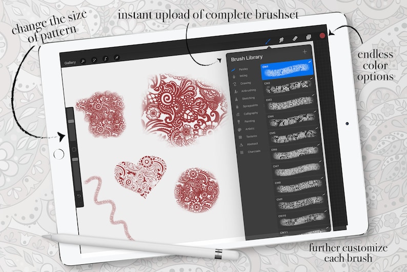 Puede incluir: Una tableta digital que muestra una biblioteca de pinceles con una variedad de pinceles decorativos. La tableta muestra un dise&ntilde;o creado con los pinceles, que incluye un coraz&oacute;n, c&iacute;rculos y espirales. El texto "Brush Library" es visible en la pantalla.