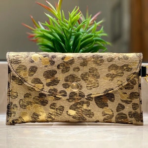 Gold Leopard Acid Wash Cowhide, Clutch, Purse