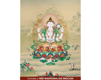Radiant Presence of Avalokiteshvara in Thangka, Original Painting on Cotton Canvas from Nepal, Handpainted in Stone colors of Lhasa, Tibet
