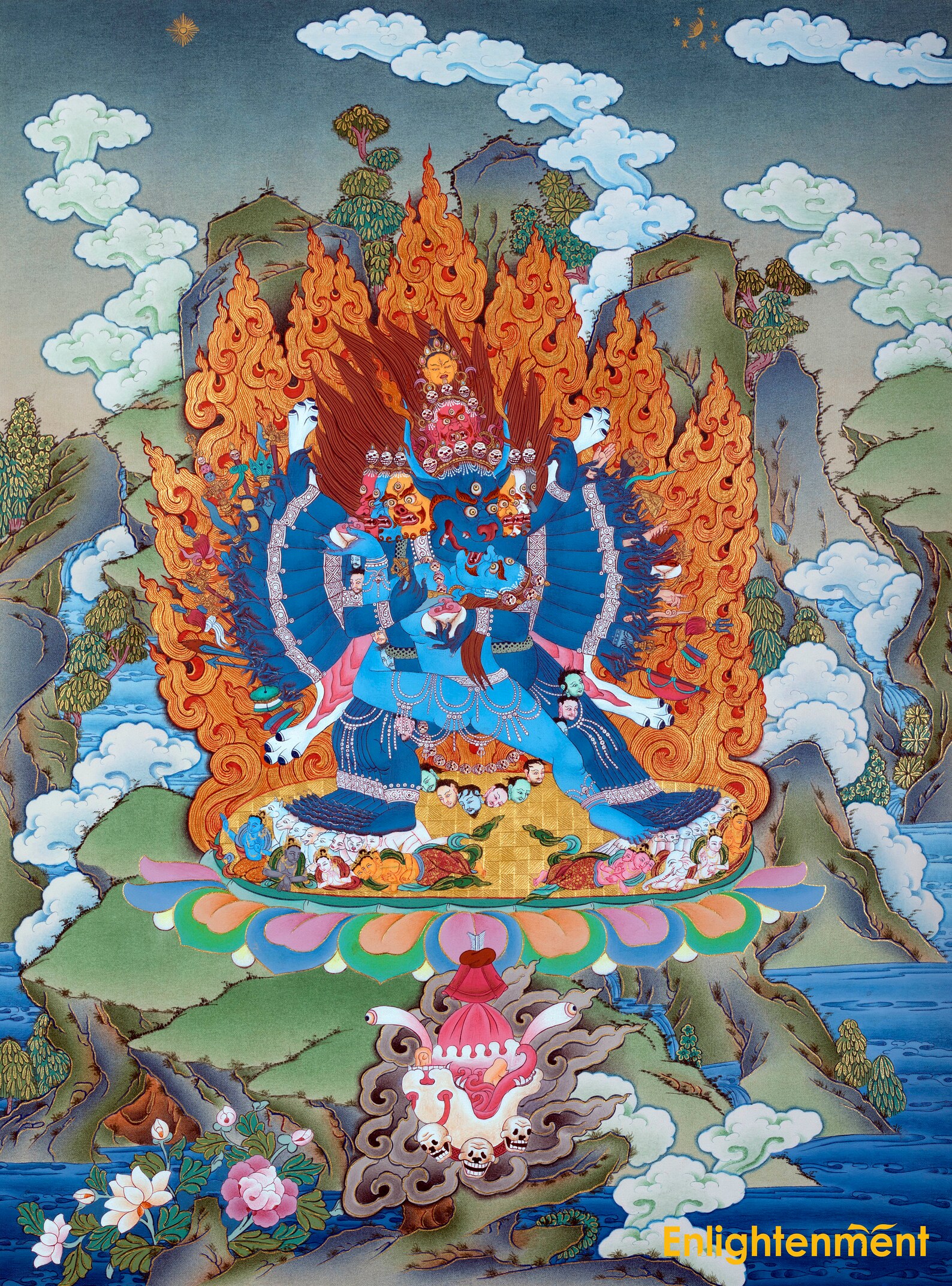буддистский храм кали интерьер. тханка мнжушри. красочные росписи на темы буддийской мифологии. тибетская живопись тханка. красочные росписи на темы буддийской мифологии.