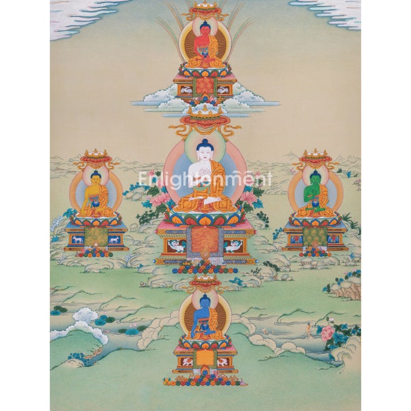 Hand Painted Five Dhyani Buddha Thangka Painting | Traditional Buddhist Art To Enhance Your Mediational Practice FREE BROCADE