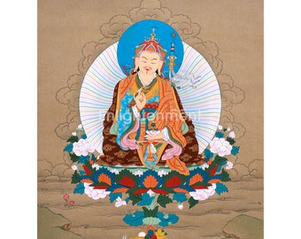 Lotus Master Guru Padmasambhava Thangka, wordt geleverd met gratis zijdebrokaat, handgeschilderde authentieke kunst uit Nepal, boeddhistische meditatie schilderij