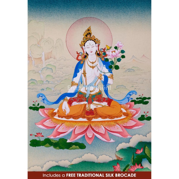 Extremely Surreal White Tara Thangka, Handpainted with an Utmost Precision, Female Buddha Tara Painting, Comes with FREE SILK BROCADE