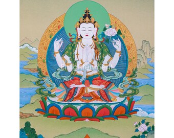 Bodhisattva Avalokiteshvara Thangka met GRATIS BROCADE, Traditionele Tibetaanse kunst voor meditatie, geschilderd met 24K goud, kostbare offerkunst