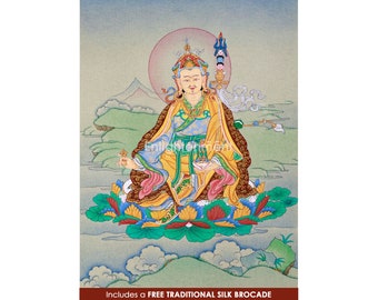 Lotus Guru Padmasambhava in Small Thangka with FREE BROCADE, Authentic Natural Colors and 24K Gold, Tibetan Master Guru Rinpoche Wall Art