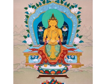 Toekomstige Boeddha Maitreya Thangka, Karma Gadri kunst met gratis zijdebrokaat, Tibetaanse kunst voor meditatie, handbeschilderd authentiek schilderij