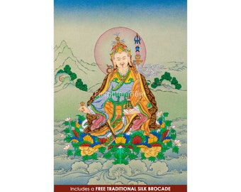 Radiant Guru Padmasambhava Authentic Thangka From Nepal, Handpainted on Cotton Canvas, Guru Rinpoche Meditation Art with FREE SILK BROCADE